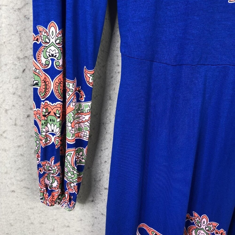 Boden Dress Womens 4 Blue Paisley Jersey Maxi Fit Flare Long Sleeve Boho Belted - Picture 13 of 16